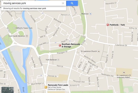 Google Maps search query for "moving services in york"