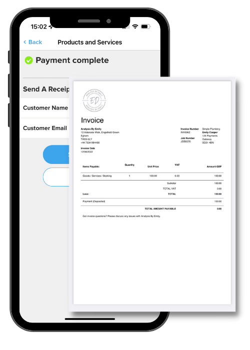 Screenshot of invoice receipt with payment complete on the iphone behind