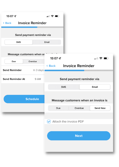 invoice reminder screenshots from SimplyPayMe invoicing software