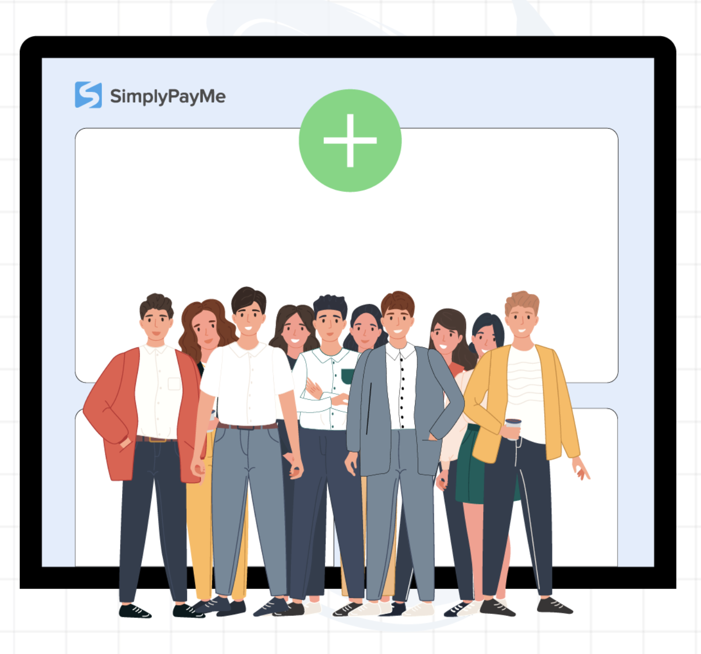 team members standing in front of SimplyPayMe dashboard