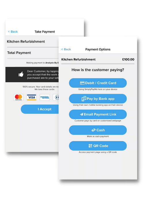 screenshot of receiving payments methods on the SimplyPayMe app